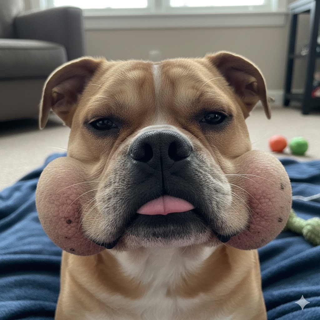 A bull dog posing and showing his puffy and swollen face.