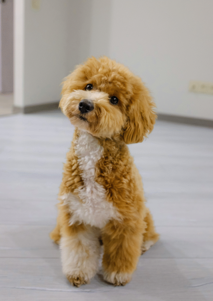 A little toy poodle posing to the camera showing signs of dog urine infection.