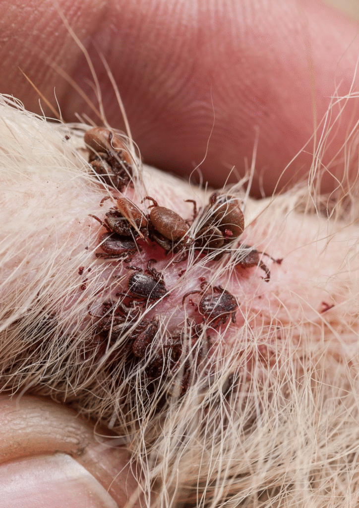 Close up picture of a man removing group of ticks from a dog's fur.