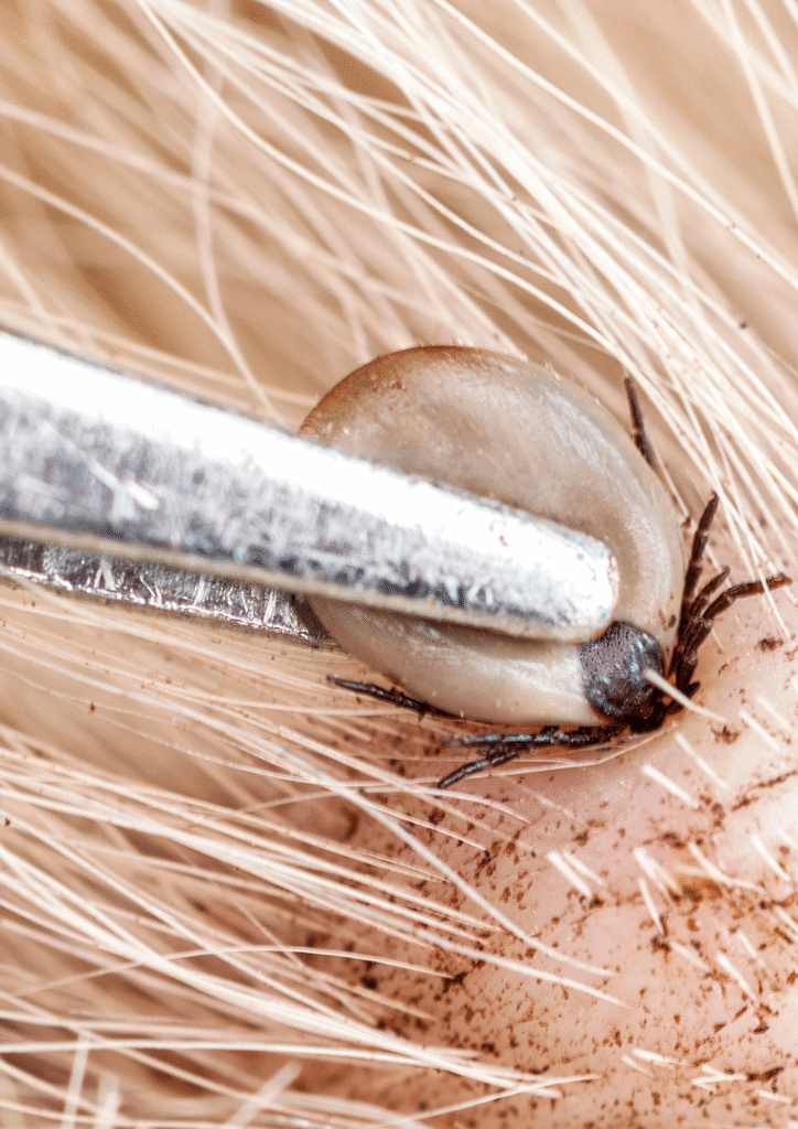 Close up of a man performing removal of a tick from a dog's fur  using a tick removal device.