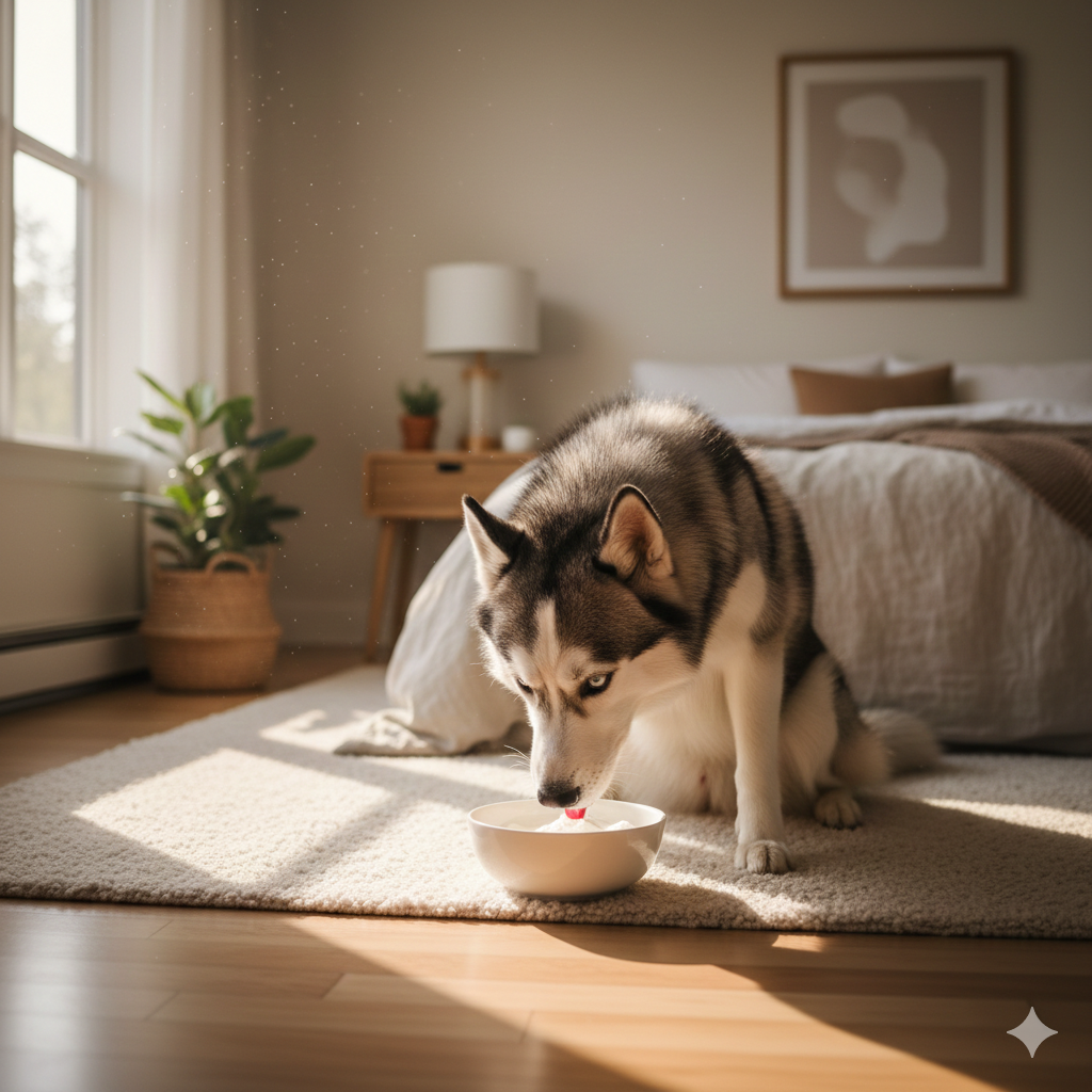 A beautiful Siberian Husky dog sitting calmly in a cozy bedroom, eating plain Greek yogurt from its bowl, showing what kind of yogurt is safe for dogs? in a healthy home setting.
