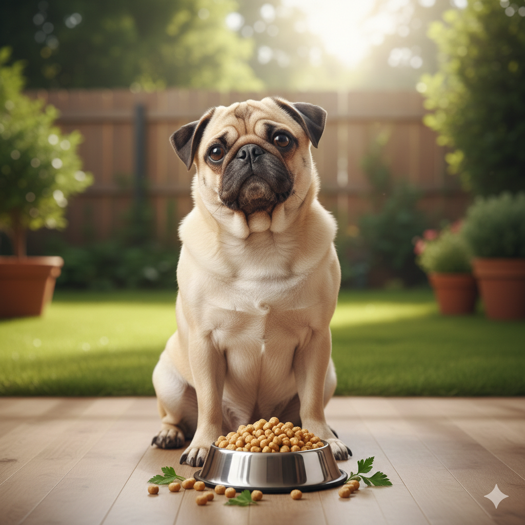 Can dogs eat soya chunks - A Pug dog standing in front of a bowl full of soya chunks.