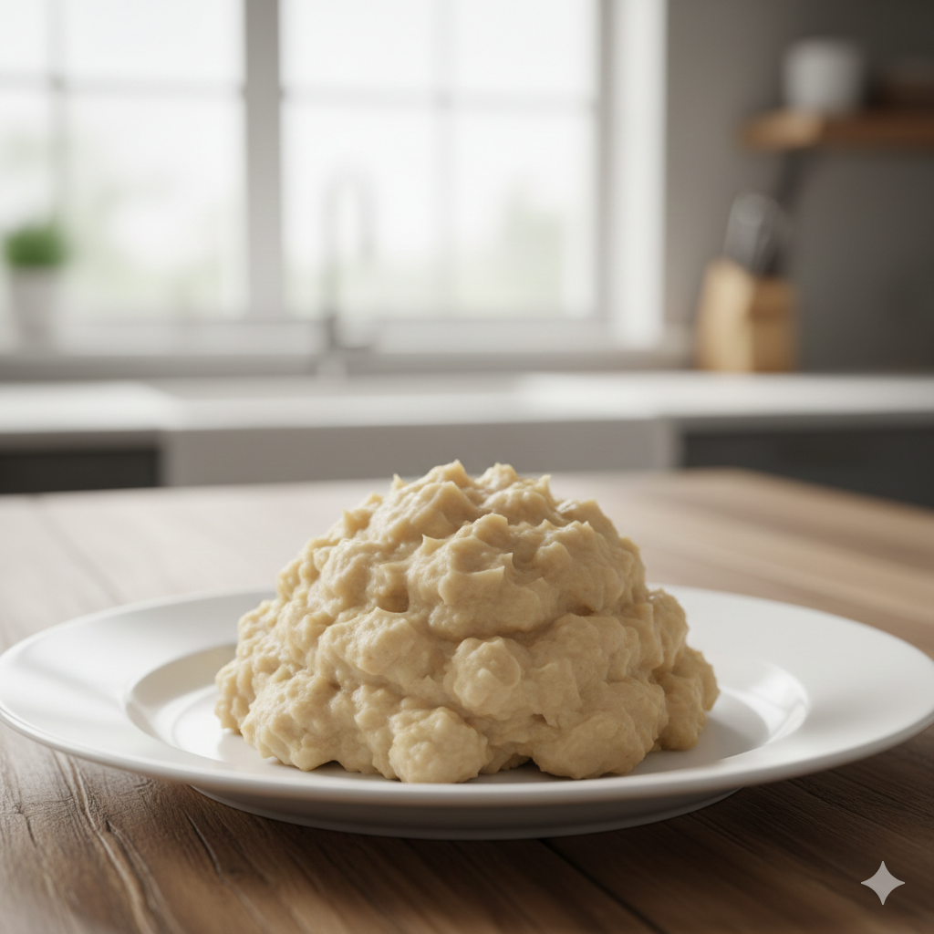 A picture of a plain mashed soya chaap in a plate.