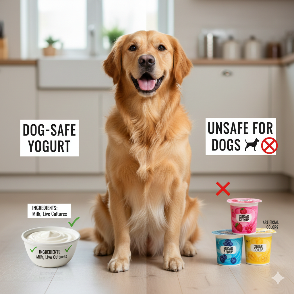 Split-frame comparison image showing a healthy dog in the center: on the left side, a bowl of plain white yogurt and on the right side three bowls of flavored yogurt.
