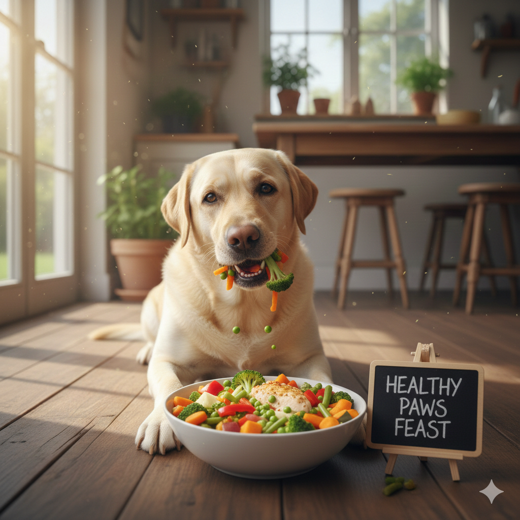 What vegetables can dogs eat? A happy dog patiently eating a colorful platter of green vegetables, showing safe and nutritious veggie options for dogs.