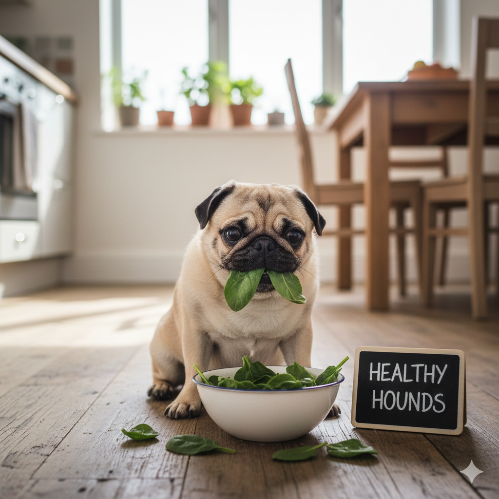A pug eating raw spinach.