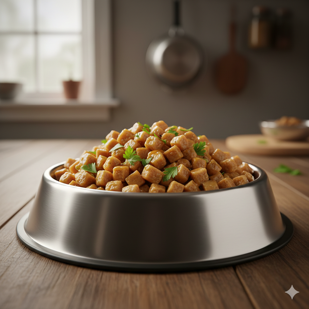 A picture of a plain boiled finely chopped soya chunks in a dog bowl.