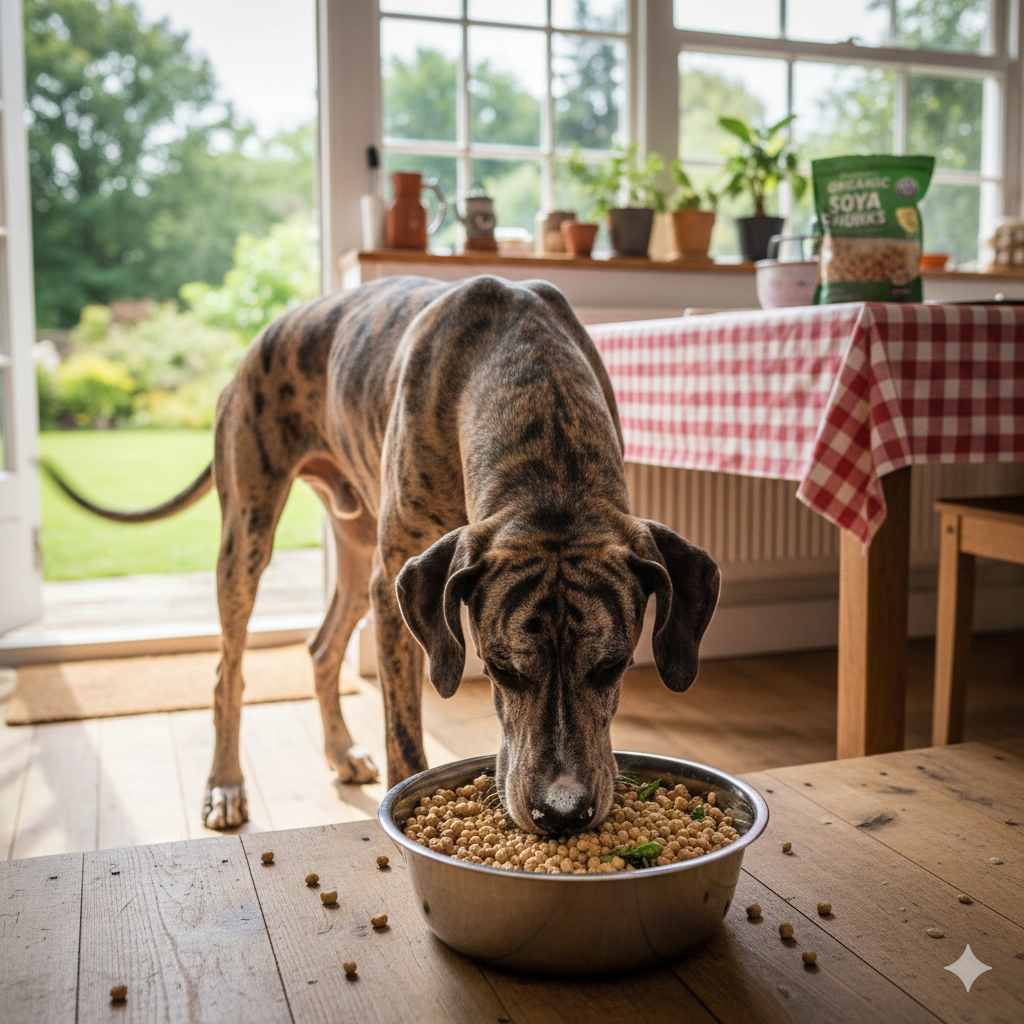 Can dogs eat soya chunks - A Great Dane eating cooked soya chunks safely.