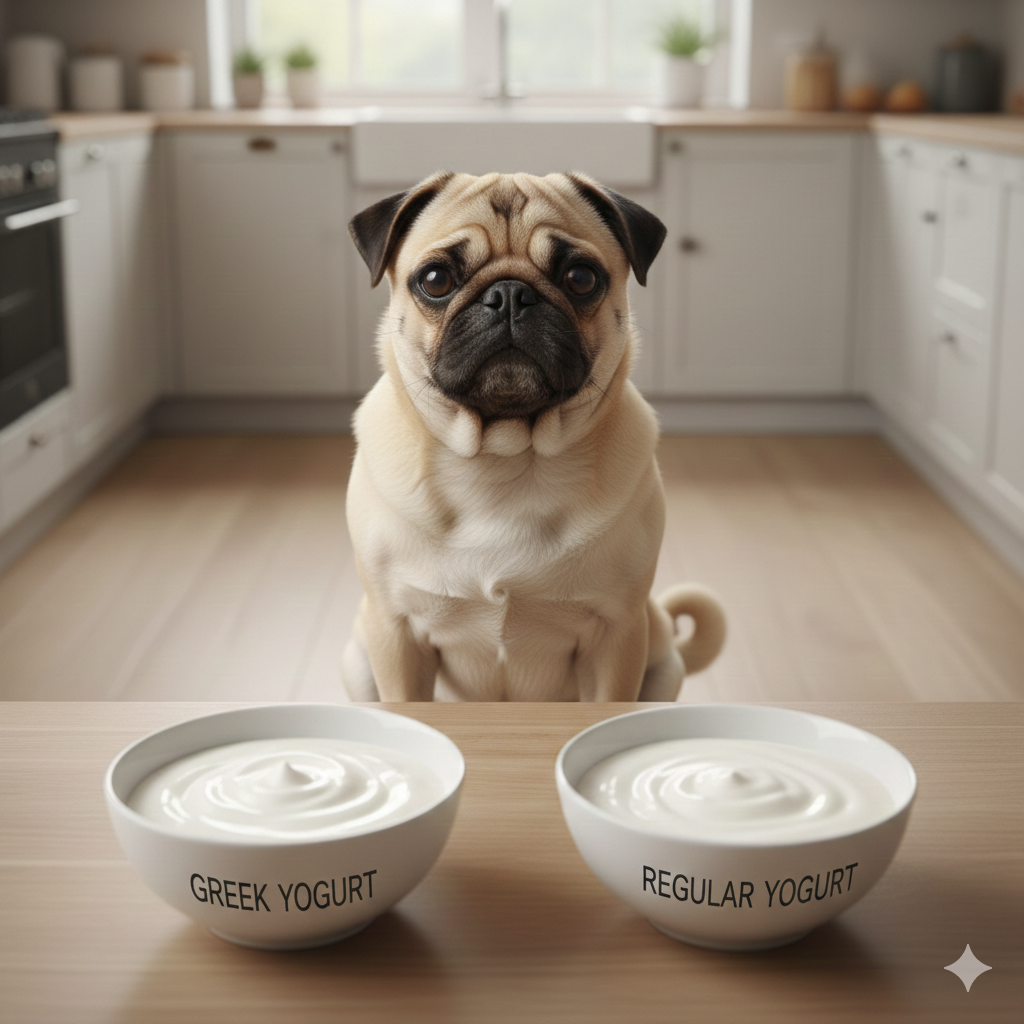 Side-by-side visual comparison featuring a calm, healthy pug dog sitting between two bowls: on the left, thick and creamy Greek yogurt and on the right regular yogurt bowl.