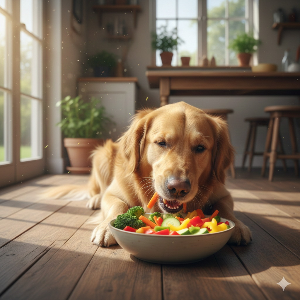A golden retriever eating variety of vegetables in a bowl.