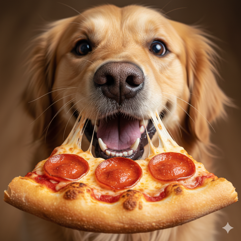Dog holding a slice of pepperoni pizza, showing why pet owners ask can dogs eat junk food like pizza safely.