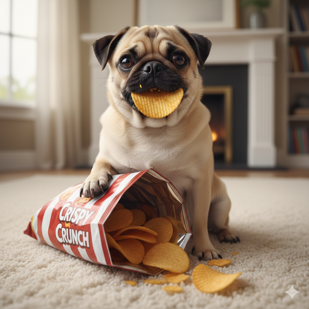 A cute pug sitting on the floor eating chips while holding chips packet in its paw, illustrating the question can dogs eat junk food and the risks of feeding snacks to dogs.