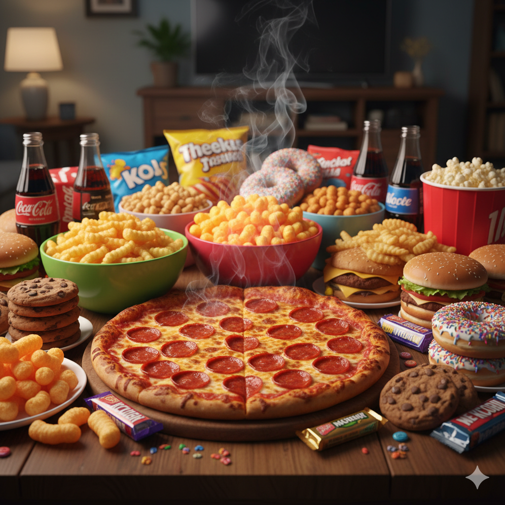A photo of a table full of junk food such as pizza, popcorn, burger, cold drinks, chips, donut, snacks, biscuit, and fries.