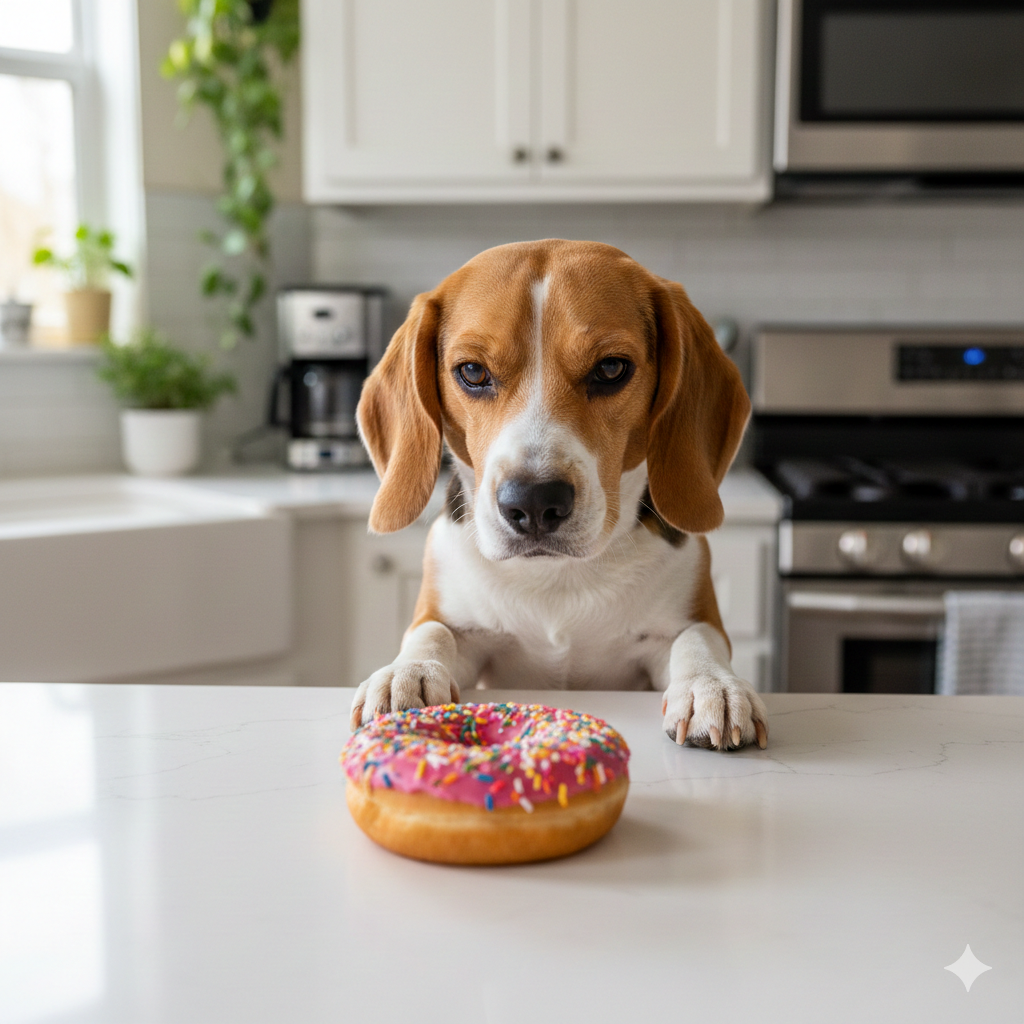 A Beagle watching strawberry donut on the table  with begging eyes.
