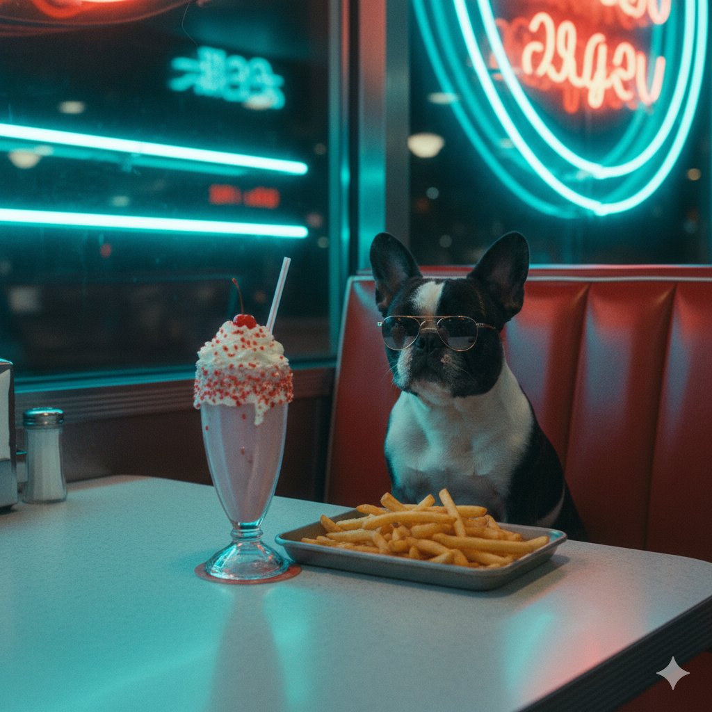 A cinematic, 1950s diner-style photo of a cool French Bulldog sitting in a red vinyl booth. In front of the dog is a giant strawberry milkshake with whipped cream and a tray of golden french fries. Neon lighting reflections, vibrant teal and red color palette, shot on 35mm film grain style.